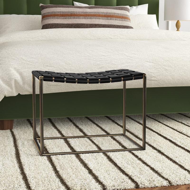 Siyah Hakiki Deri Dokuma Metal Kızak Ayaklı Makyaj Masası Pufu - 56x41x42 cm - 233848