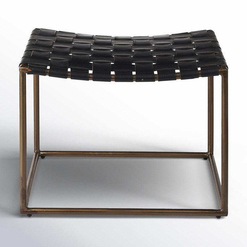 Siyah Hakiki Deri Dokuma Metal Kızak Ayaklı Makyaj Masası Pufu - 56x41x42 cm - 233848