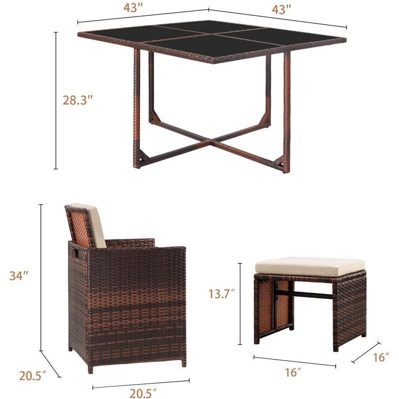 Siyah Hasır Cam Tablalı 8 Kişilik Yerden Tasarruf Sağlayan Bahçe Masa Takımı - 110x110 cm - 213957
