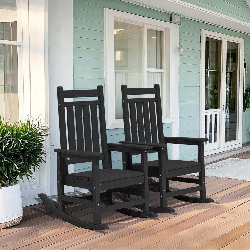 Siyah HDPE Hava Koşullarına Dayanıklı Adirondack Sallanan Sandalye İkili Set - 219106