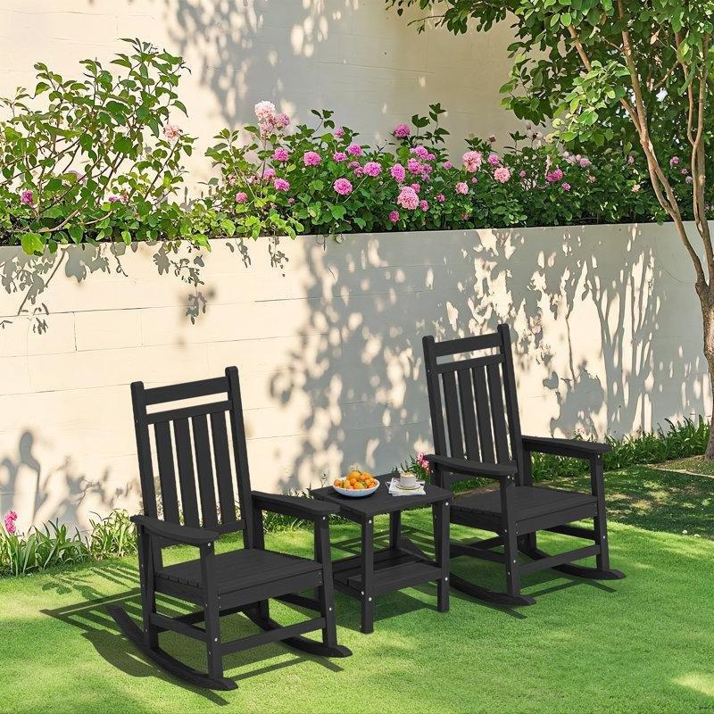 Siyah HDPE Hava Koşullarına Dayanıklı Adirondack Sallanan Sandalye İkili Set - 219106