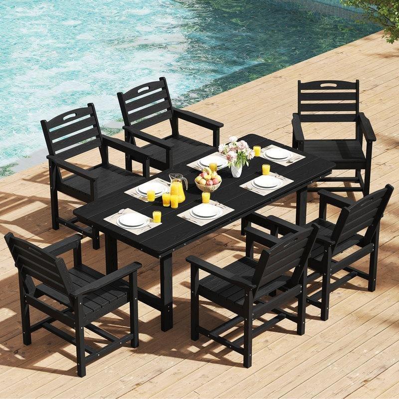 Siyah HDPE Şemsiye Delikli 6 Kişilik Bahçe Masa Takımı - 169 cm - 215256