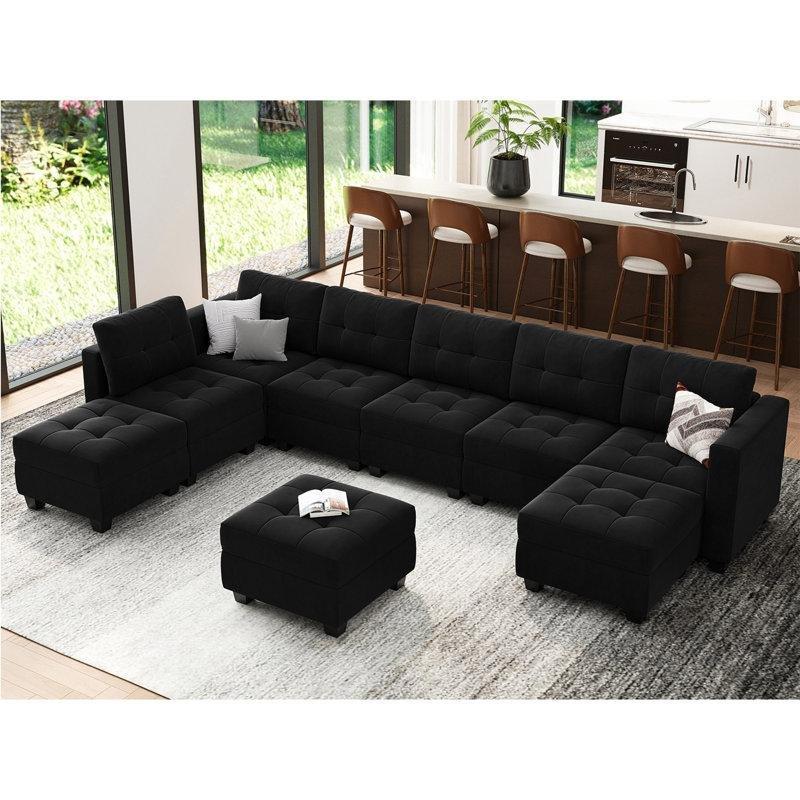 Siyah Kadife Depolamalı Modüler Kapitoneli U Köşe Koltuk Takımı - 364 cm - 193366