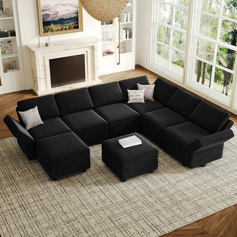 Siyah Kadife Depolamalı Modüler U Köşe Koltuk Takımı - 297x230 cm - 192870