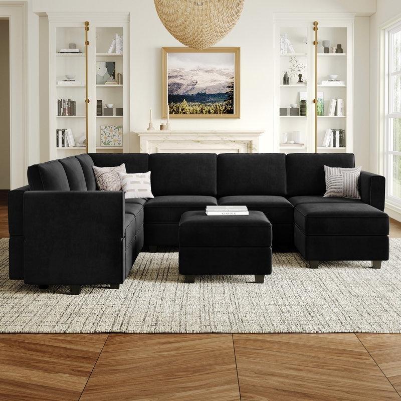 Siyah Kadife Depolamalı Modüler U Köşe Koltuk Takımı - 297x230 cm - 192870