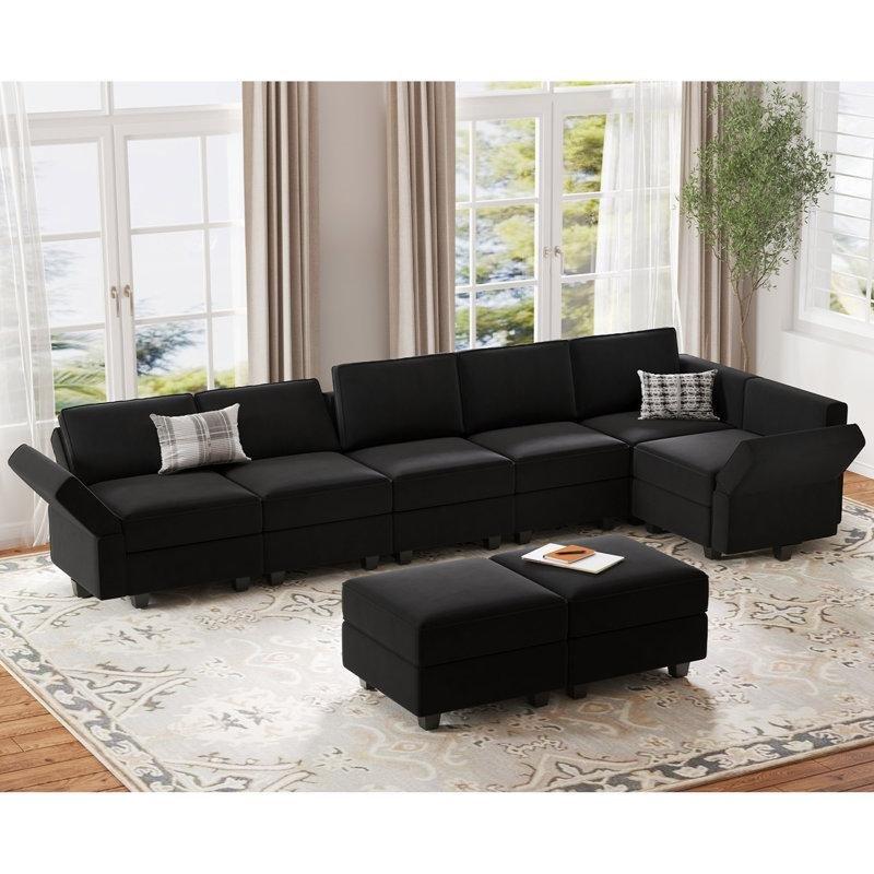 Siyah Kadife Depolamalı Yönü Değiştirilebilir Modüler Köşe Koltuk Takımı - 364 cm - 193486