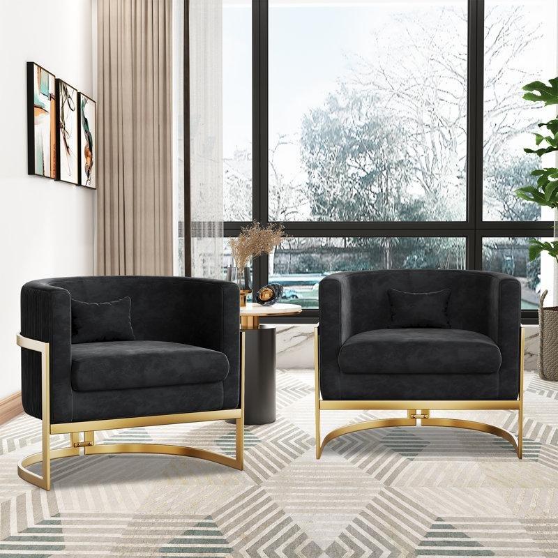 Siyah Kadife Gold Metal Ayaklı Ahşap Kollu 2li Set Tekli Koltuk - 79 cm - 204180