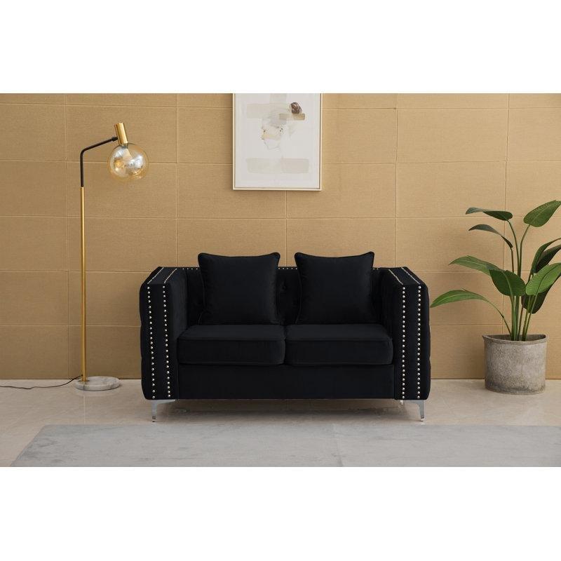 Siyah Kadife Kapitone Detaylı İkili Koltuk - 157 cm - 206472