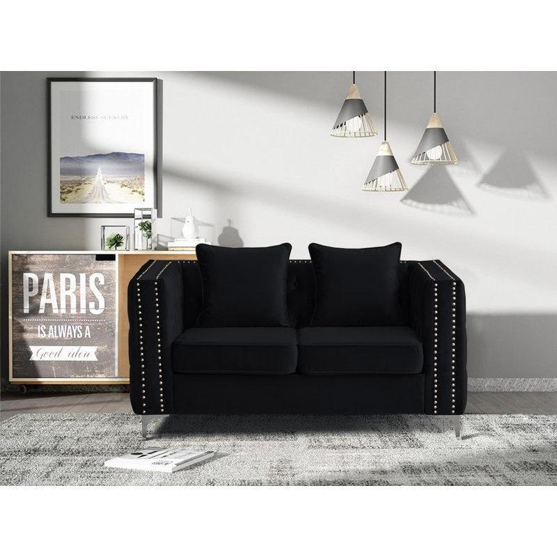 Siyah Kadife Kapitone Detaylı İkili Koltuk - 157 cm - 206472