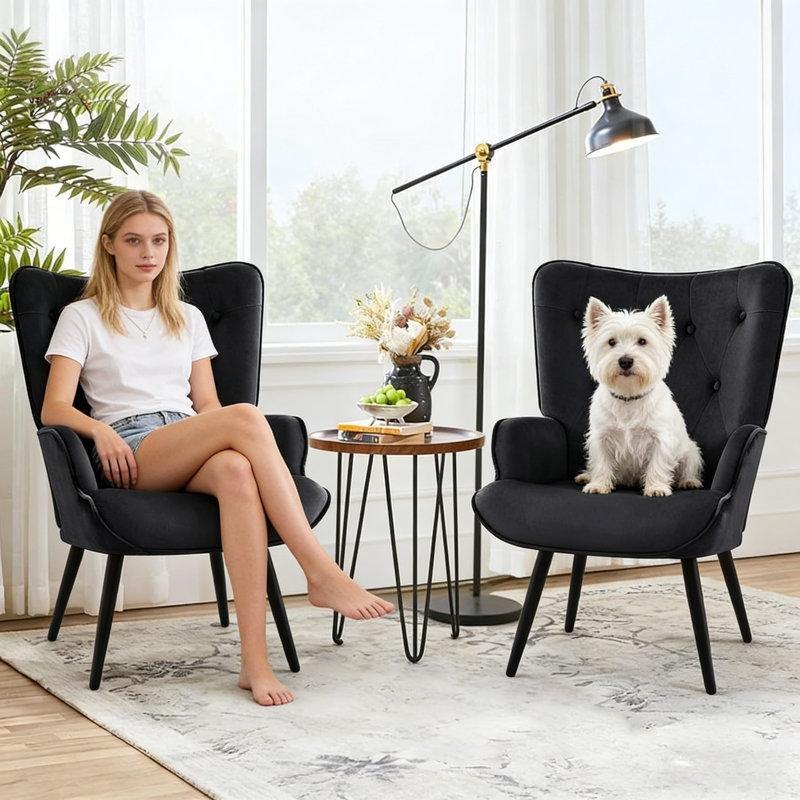 Siyah Kadife Kapitoneli Metal Ayaklı Berjer Tekli Koltuk 2li Set - 203222