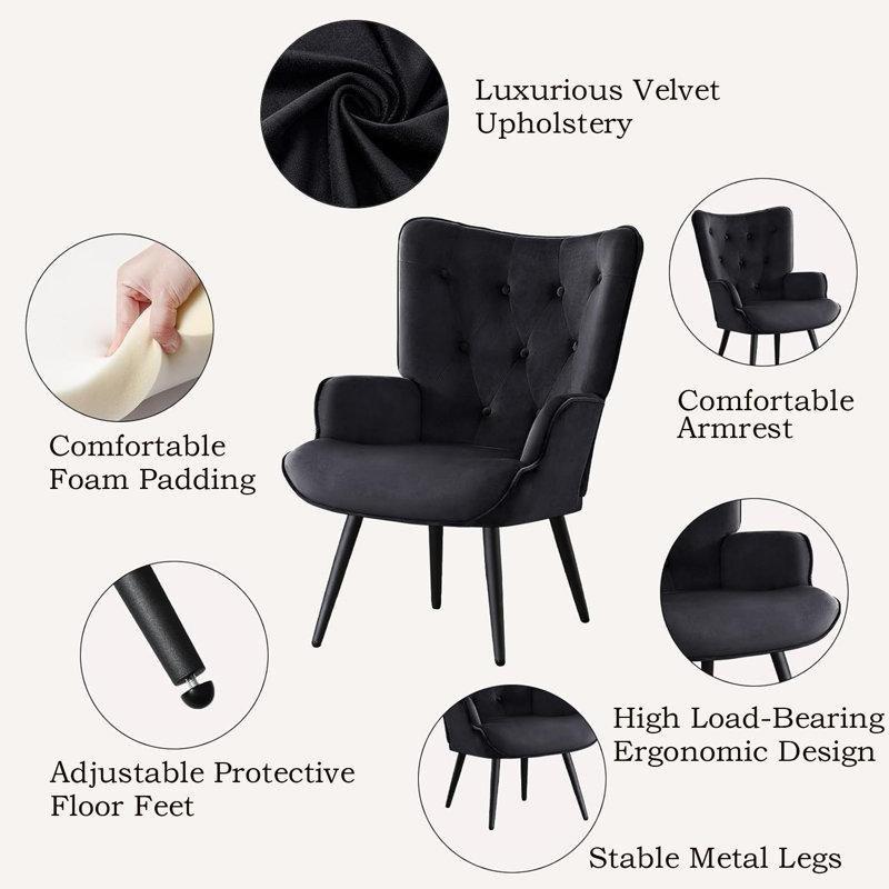 Siyah Kadife Kapitoneli Metal Ayaklı Berjer Tekli Koltuk 2li Set - 203222