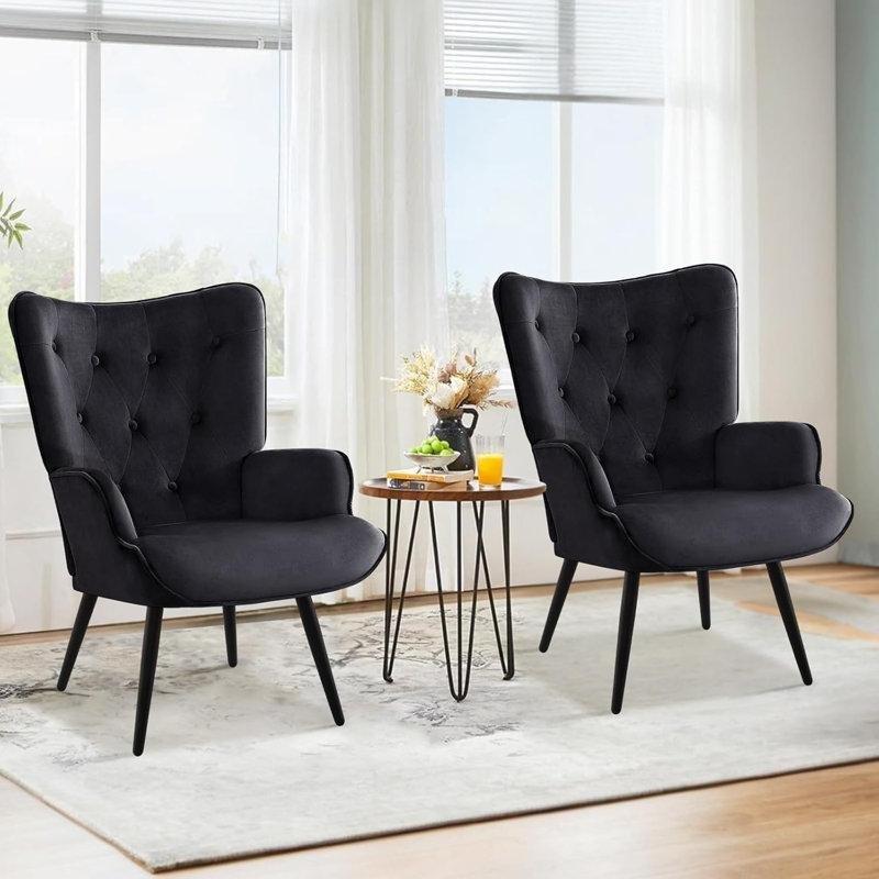 Siyah Kadife Kapitoneli Metal Ayaklı Berjer Tekli Koltuk 2li Set - 203222