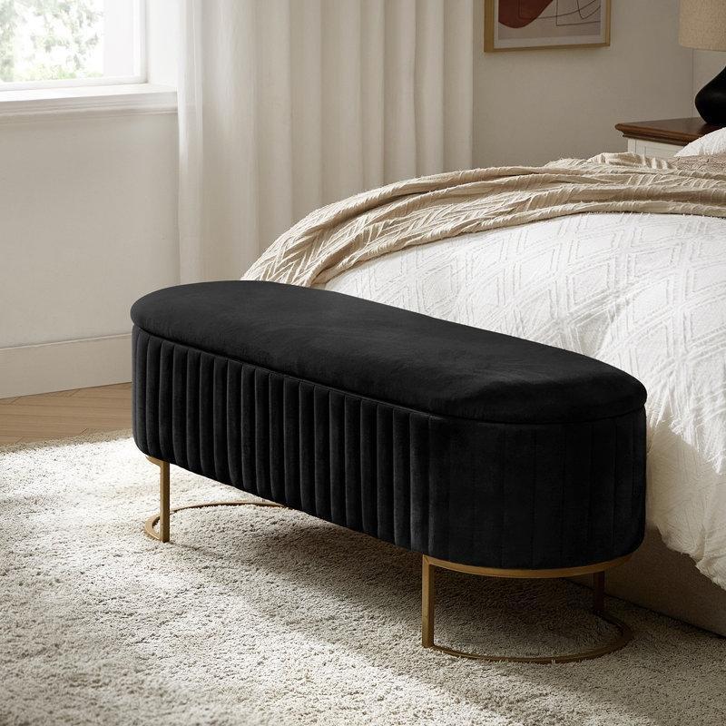 Siyah Kadife Kapitoneli Metal Ayaklı Sandıklı Bench - 129 cm - 164329