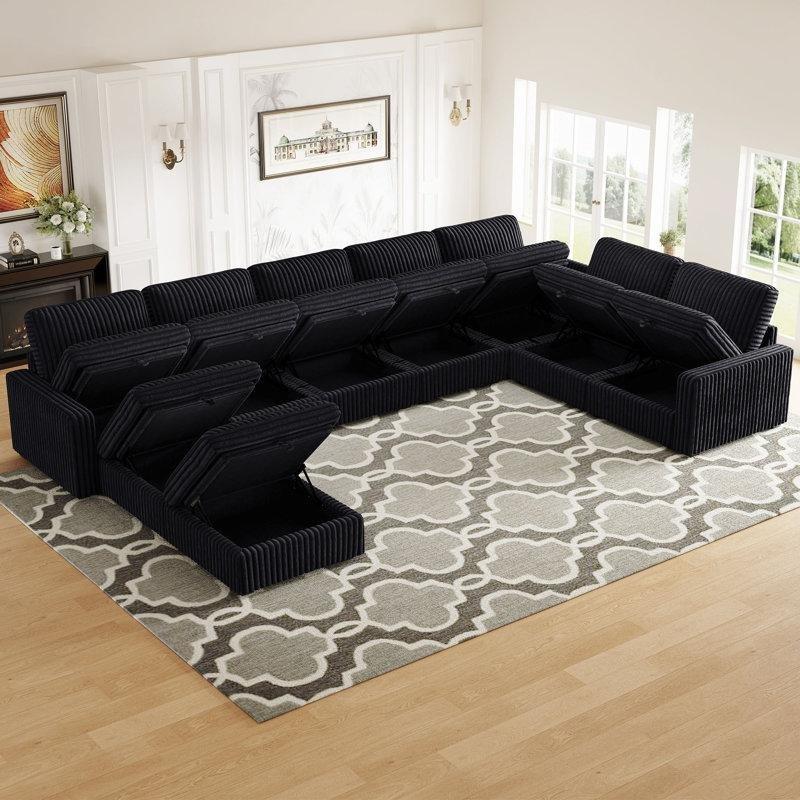 Siyah Kadife Kumaş Masif Ahşap Modüler Saklama Alanlı U Köşe Koltuk Takımı - 410x259 cm - 192807