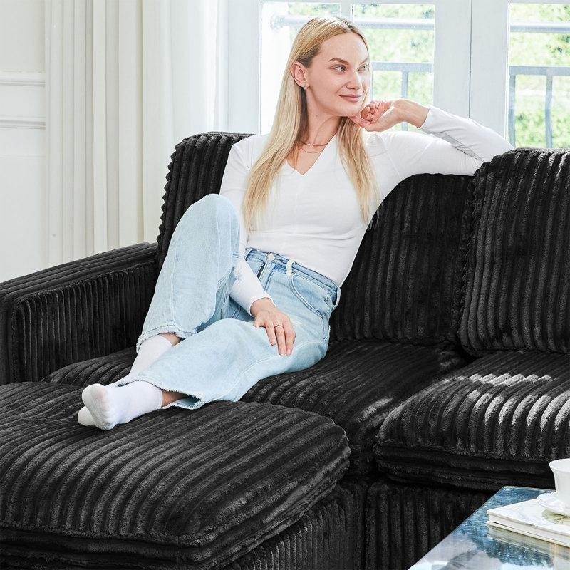 Siyah Kadife Kumaş Masif Ahşap Modüler Saklama Alanlı U Köşe Koltuk Takımı - 410x259 cm - 192807