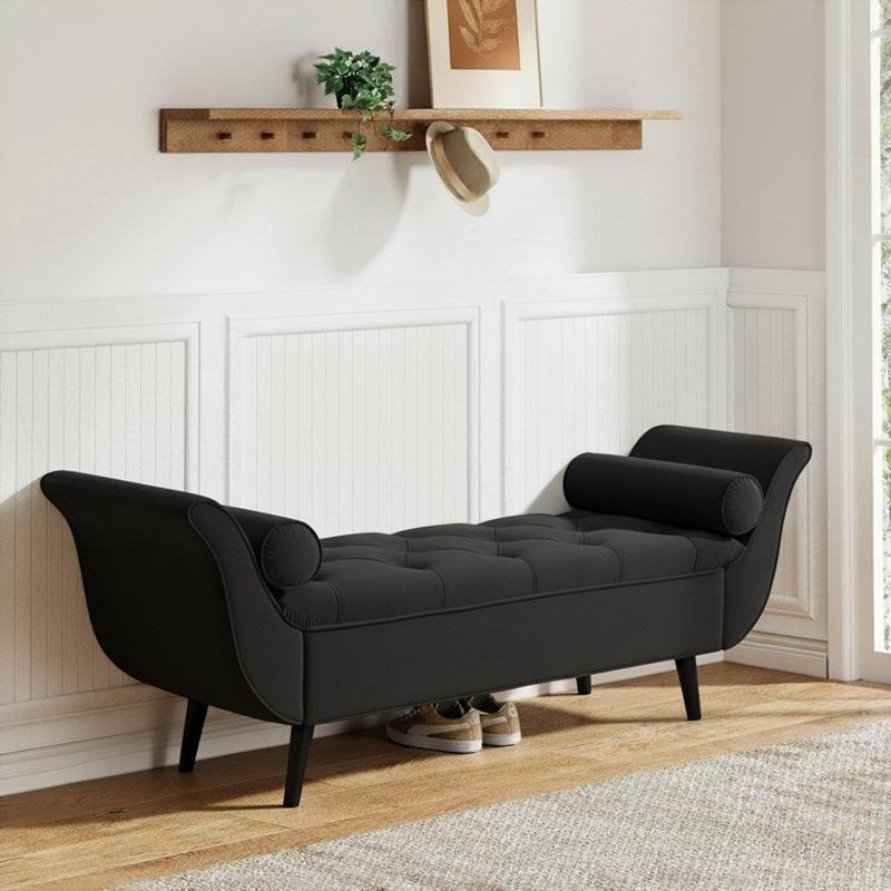 Siyah Kadife Masif Ahşap Kollu Sandıklı Bench - 166 cm - 164353