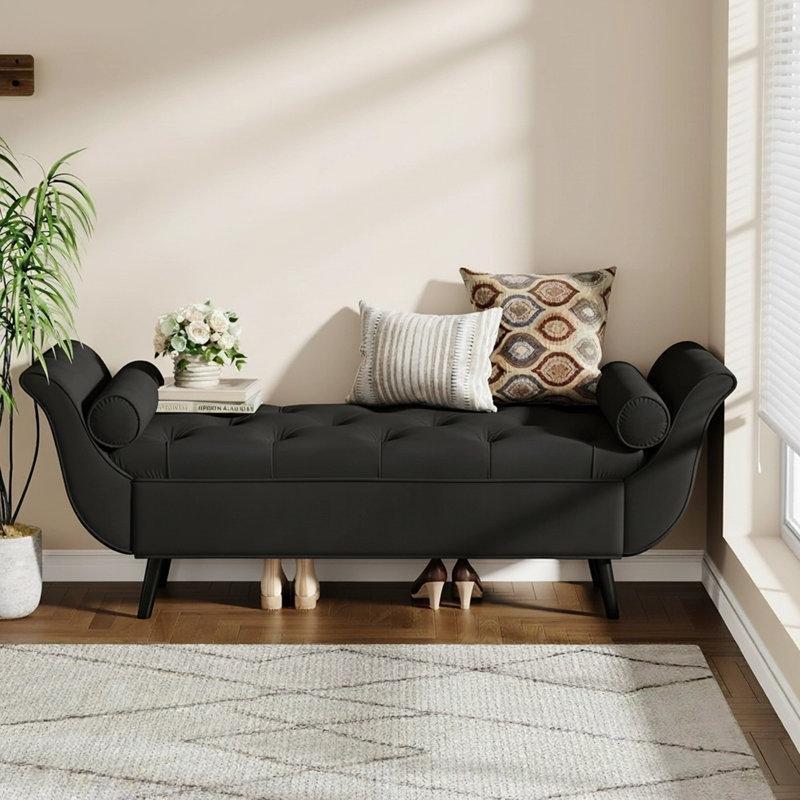 Siyah Kadife Masif Ahşap Kollu Sandıklı Bench - 166 cm - 164353