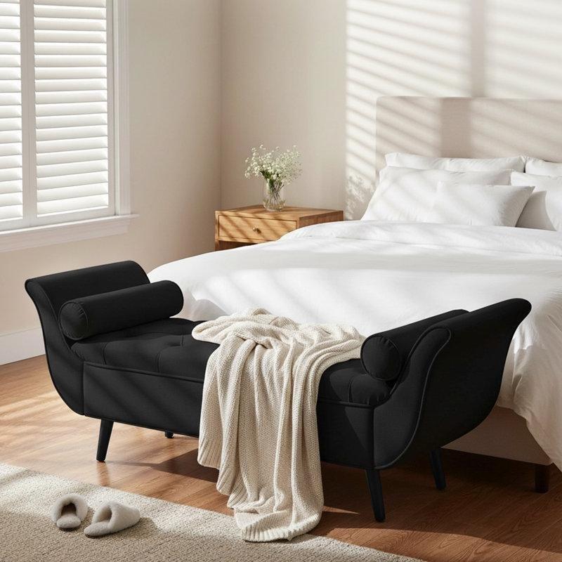 Siyah Kadife Masif Ahşap Kollu Sandıklı Bench - 166 cm - 164353