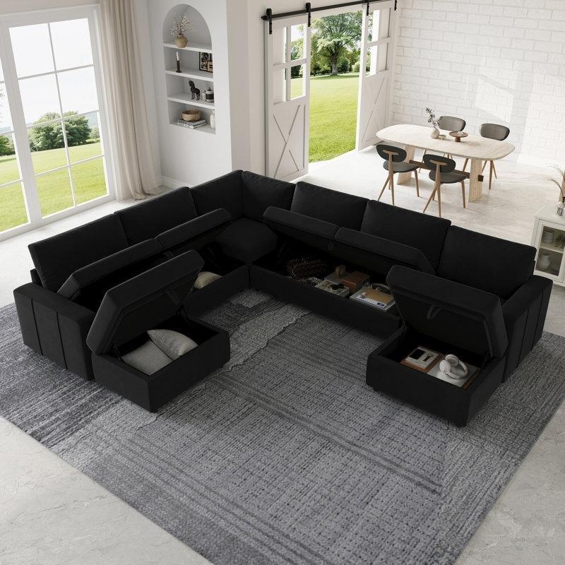 Siyah Kadife Masif Ahşap Saklama Alanlı Yönü Değiştirilebilir Modüler Köşe Koltuk Takımı - 277x216 cm - 192735