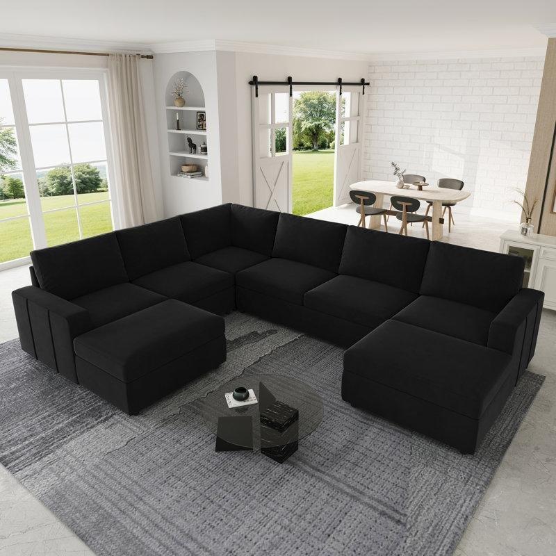 Siyah Kadife Masif Ahşap Saklama Alanlı Yönü Değiştirilebilir Modüler Köşe Koltuk Takımı - 277x216 cm - 192735