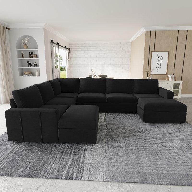 Siyah Kadife Masif Ahşap Saklama Alanlı Yönü Değiştirilebilir Modüler Köşe Koltuk Takımı - 277x216 cm - 192735