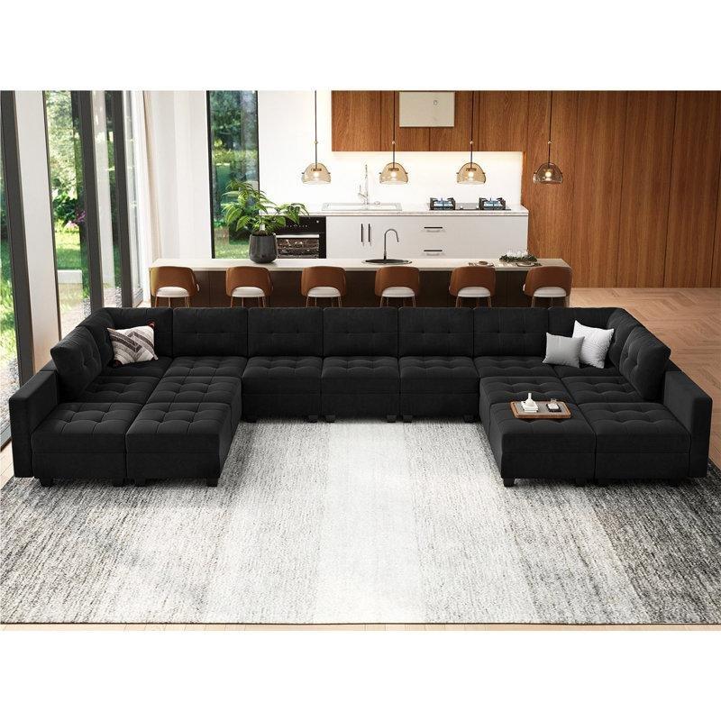Siyah Kadife Masif Ahşap Sandıklı Ayarlanabilir Sırtlı Modüler U Köşe Koltuk Takımı - 498x216 cm - 193297