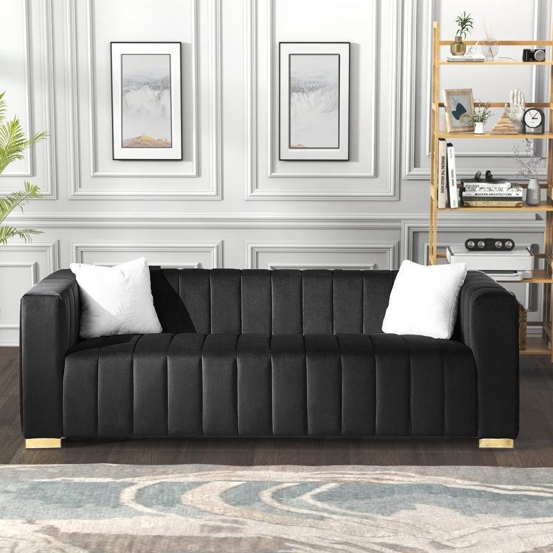 Siyah Kadife Metal Ayaklı Dikey Kanallı Koltuk - 221 cm - 196145