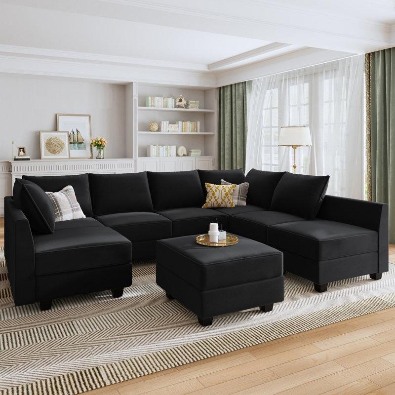 Siyah Kadife Modüler U Şekilli Saklama Alanlı Poflu Köşe Koltuk - 287x208 cm - 192950