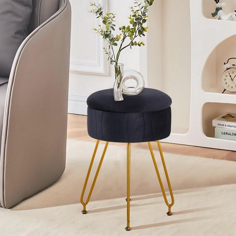 Siyah Kadife Saklama Alanlı Çizgili Metal Ayaklı Makyaj Masası Pufu - 33x47 cm - 232945