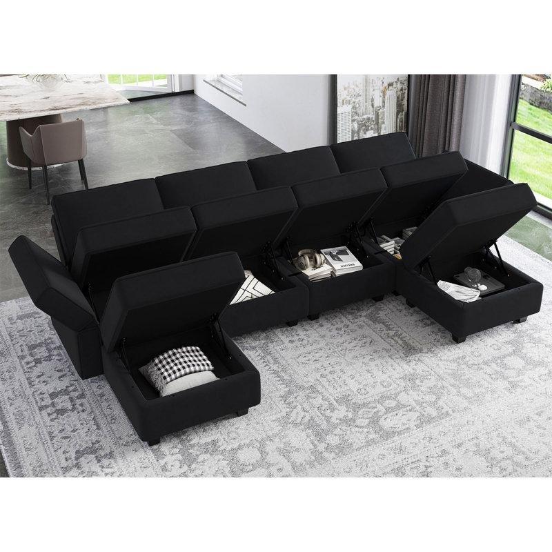 Siyah Kadife Sandıklı Modüler U Köşe Koltuk Takımı - 296x148 cm - 193471