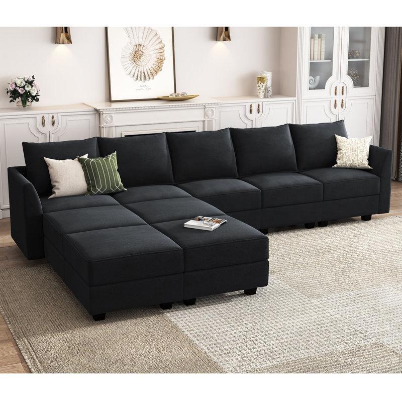 Siyah Kadife Sandıklı Yataklı Modüler U Köşe Koltuk Takımı - 351 cm - 192893