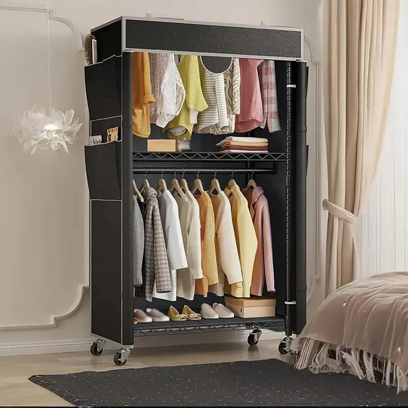Siyah Karbon Çeliği Tekerlekli 2 Askılı Ayarlanabilir Raflı Portatif Bez Dolap - 90 cm - 182769