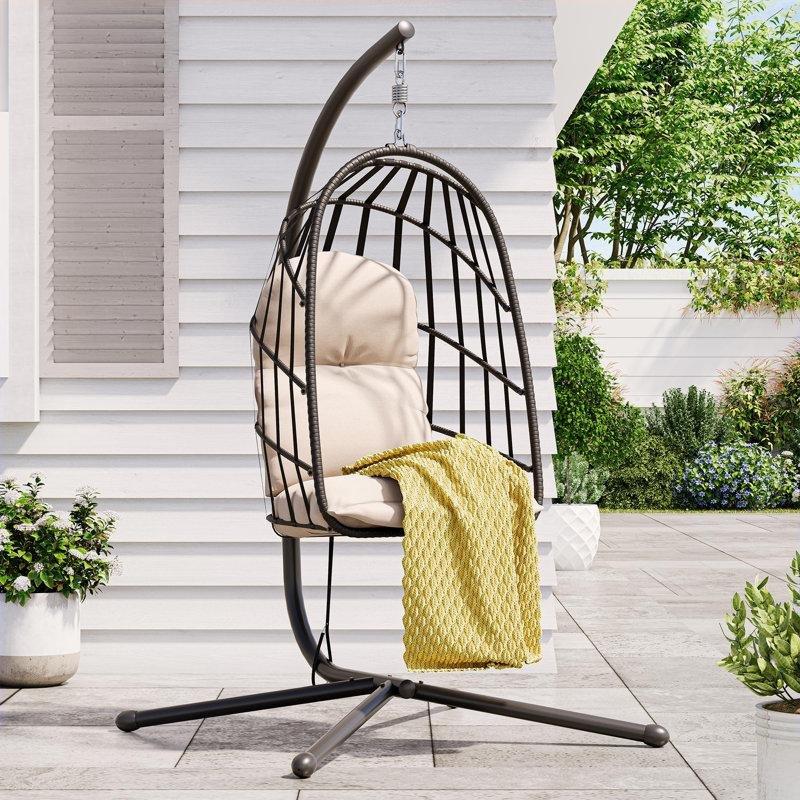 Siyah Katlanabilir Ayaklı PE Rattan Balkon Salıncağı - 173995