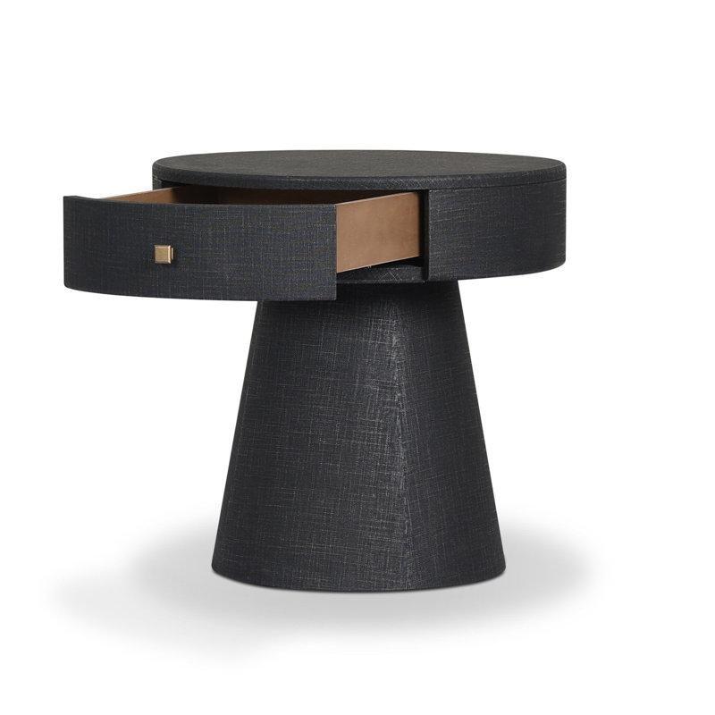 Siyah Keten Kaplama Tek Çekmeceli Yuvarlak MDF Komodin - 64 cm - 224140