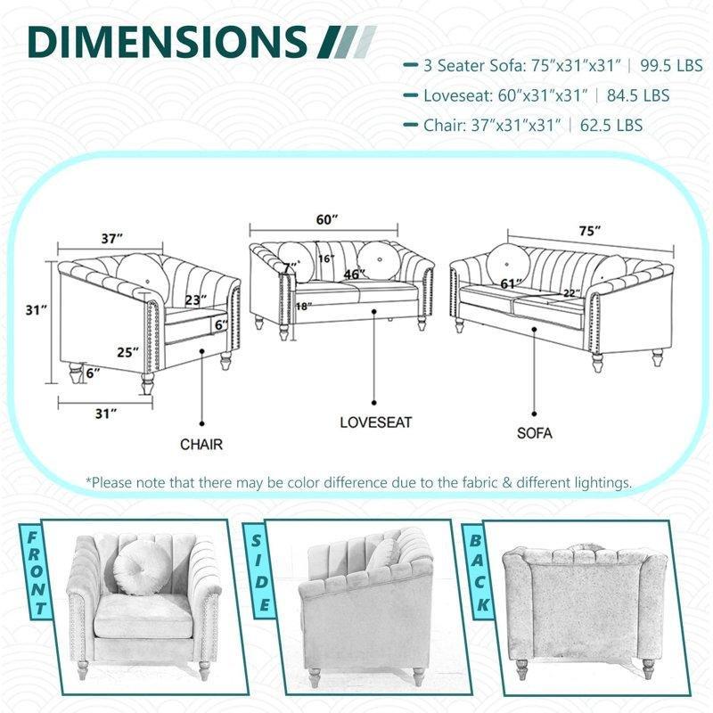 Siyah Kumaş Çivi Detaylı Chesterfield İkili Koltuk - 153 cm - 207506