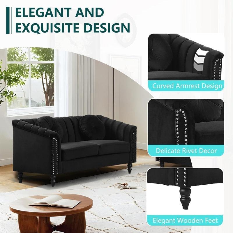 Siyah Kumaş Çivi Detaylı Chesterfield İkili Koltuk - 153 cm - 207506