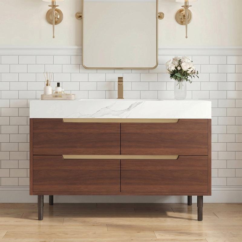 Siyah Masif Ahşap 4 Çekmeceli Sinterlenmiş Taş Tezgahlı Ayaklı Banyo Lavabo Dolabı - 90 cm - 198329