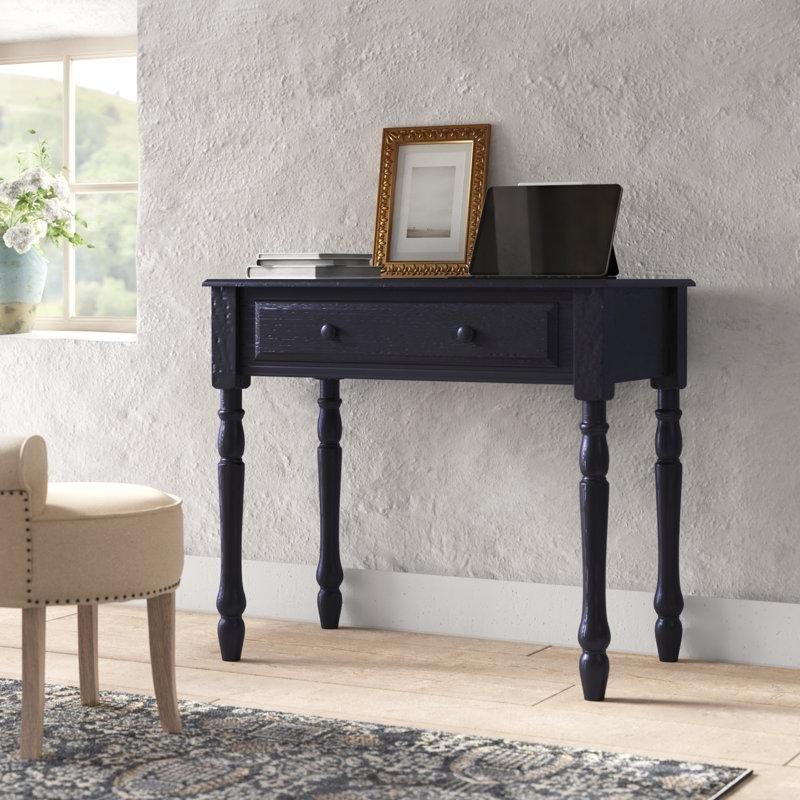 Siyah Masif Ahşap Açılır Klavye Tepsili Tornalı Ayaklı Eskitme Vintage Çalışma Masası - 87x49x77 cm - 234228