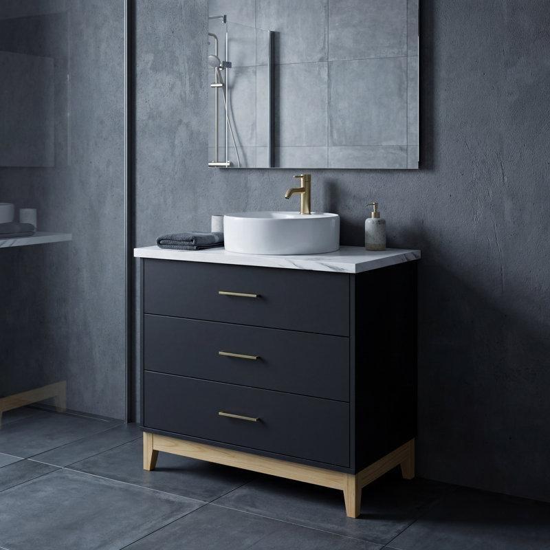 Siyah Masif Ahşap Ayaklı 3 Çekmeceli Çanak Lavabolu Banyo Dolabı - 80 cm - 198300