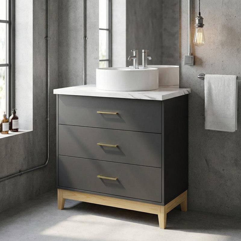 Siyah Masif Ahşap Ayaklı 3 Çekmeceli Çanak Lavabolu Banyo Dolabı - 80 cm - 198300