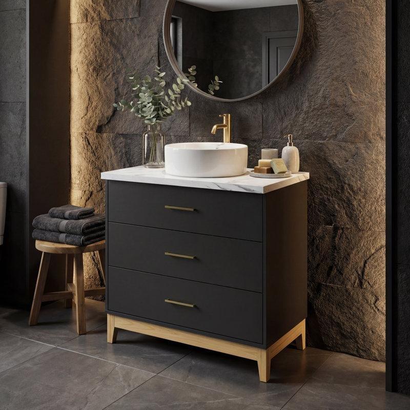 Siyah Masif Ahşap Ayaklı 3 Çekmeceli Çanak Lavabolu Banyo Dolabı - 80 cm - 198300