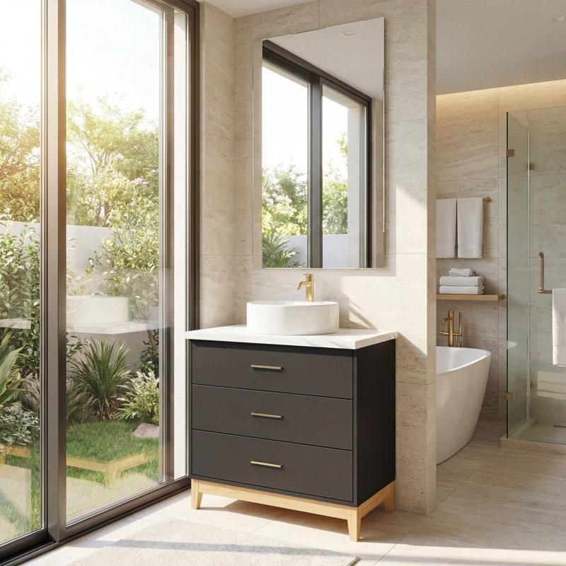 Siyah Masif Ahşap Ayaklı 3 Çekmeceli Çanak Lavabolu Banyo Dolabı - 81 cm - 199273