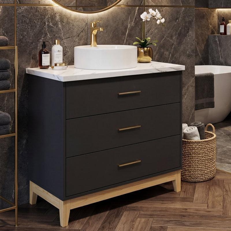 Siyah Masif Ahşap Ayaklı 3 Çekmeceli Çanak Lavabolu Banyo Dolabı - 81 cm - 199273