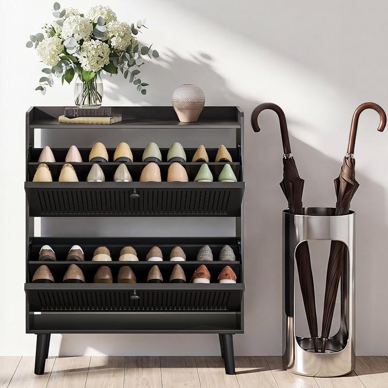 Siyah Masif Ahşap Ayaklı Düşer Kapaklı Ayakkabılık - 81x25x97 cm - 228057