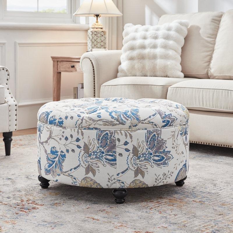 Siyah Masif Ahşap Ayaklı Polyester Kapitoneli Sandıklı Yuvarlak Puf - 76 cm - 165283