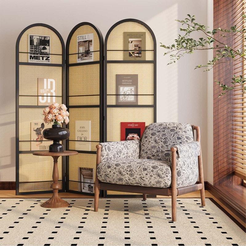 Siyah Masif Ahşap Dergi Raflı Kemerli Katlanabilir Paravan - 171x150 cm - 184827