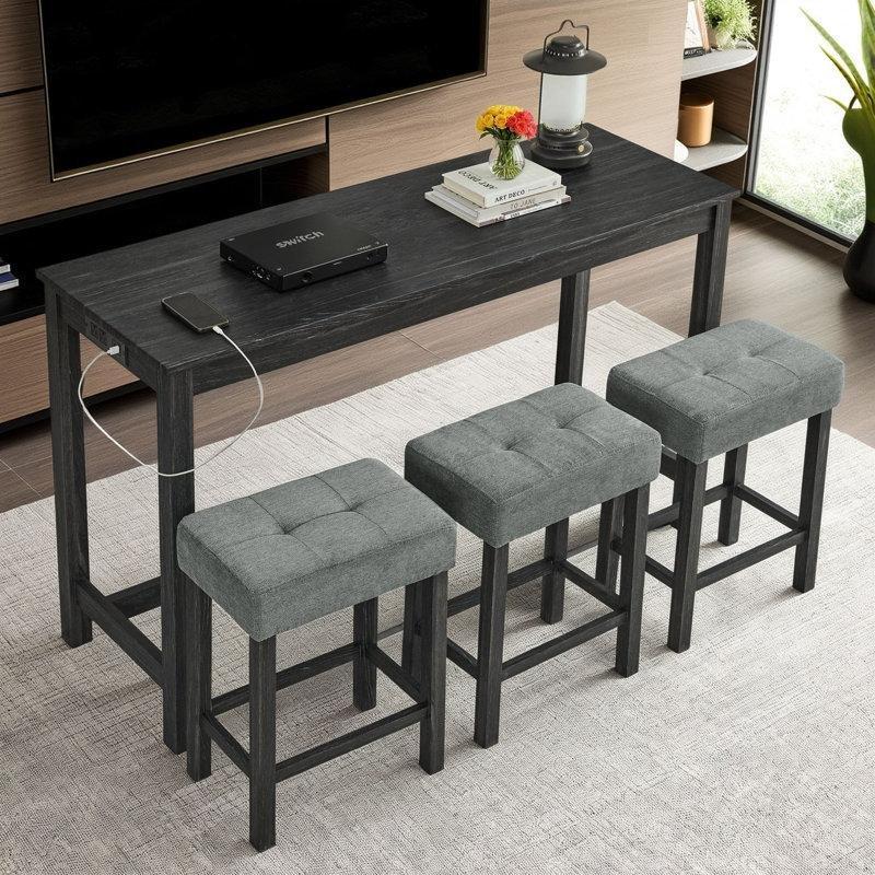 Siyah Masif Ahşap Prizli 3 Tabureli Koltuk Arkası Dresuar - 150 cm - 217845