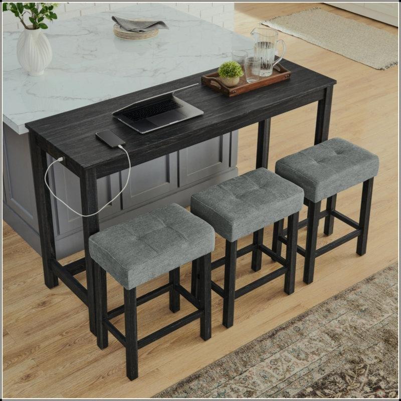 Siyah Masif Ahşap Prizli ve 3 Tabureli Koltuk Arkası Dresuar - 150 cm - 217678