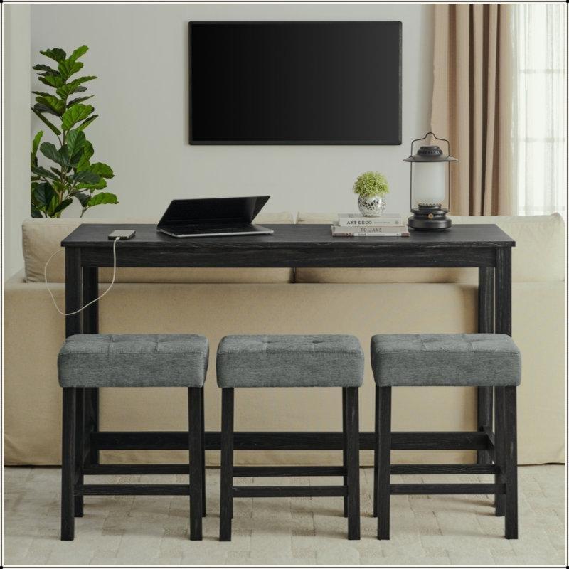 Siyah Masif Ahşap Prizli ve 3 Tabureli Koltuk Arkası Dresuar - 150 cm - 217678