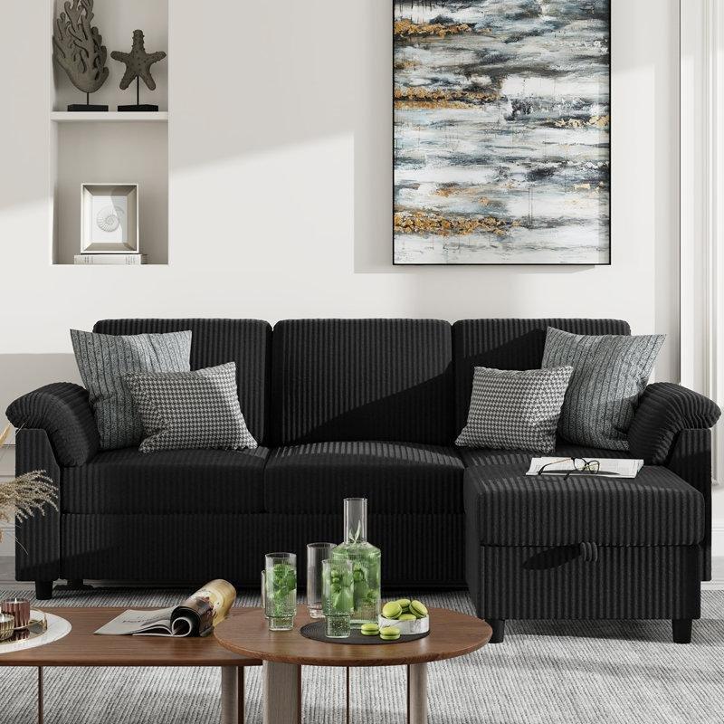 Siyah Masif Ahşap Puflu Modüler Köşe Koltuk - 183 cm - 193960